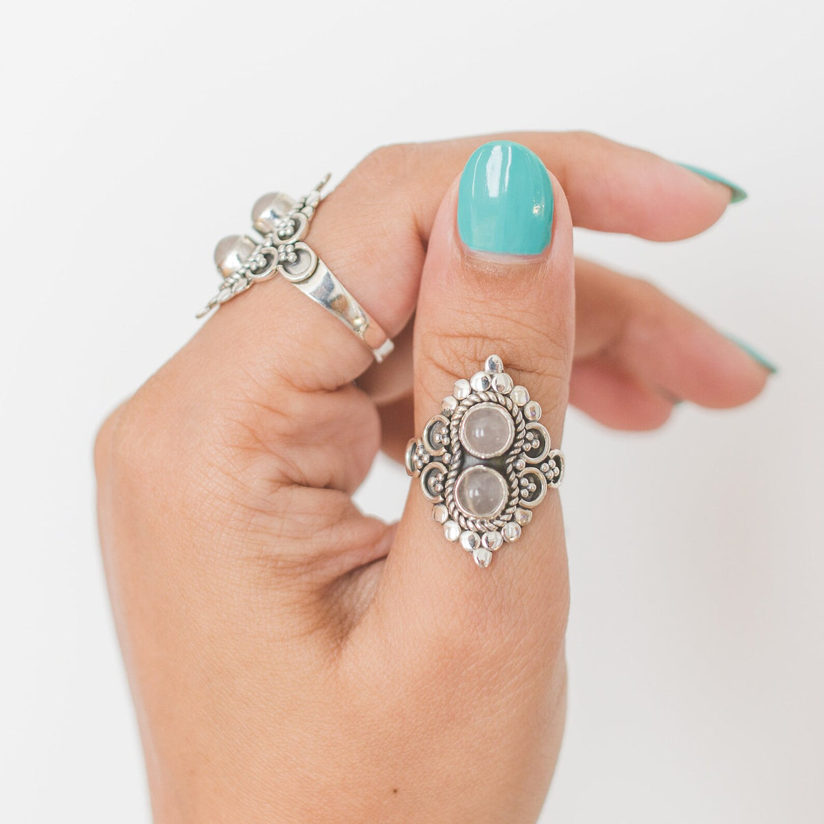 Rose Quartz Boho Ring, Silver Cocktail Ring