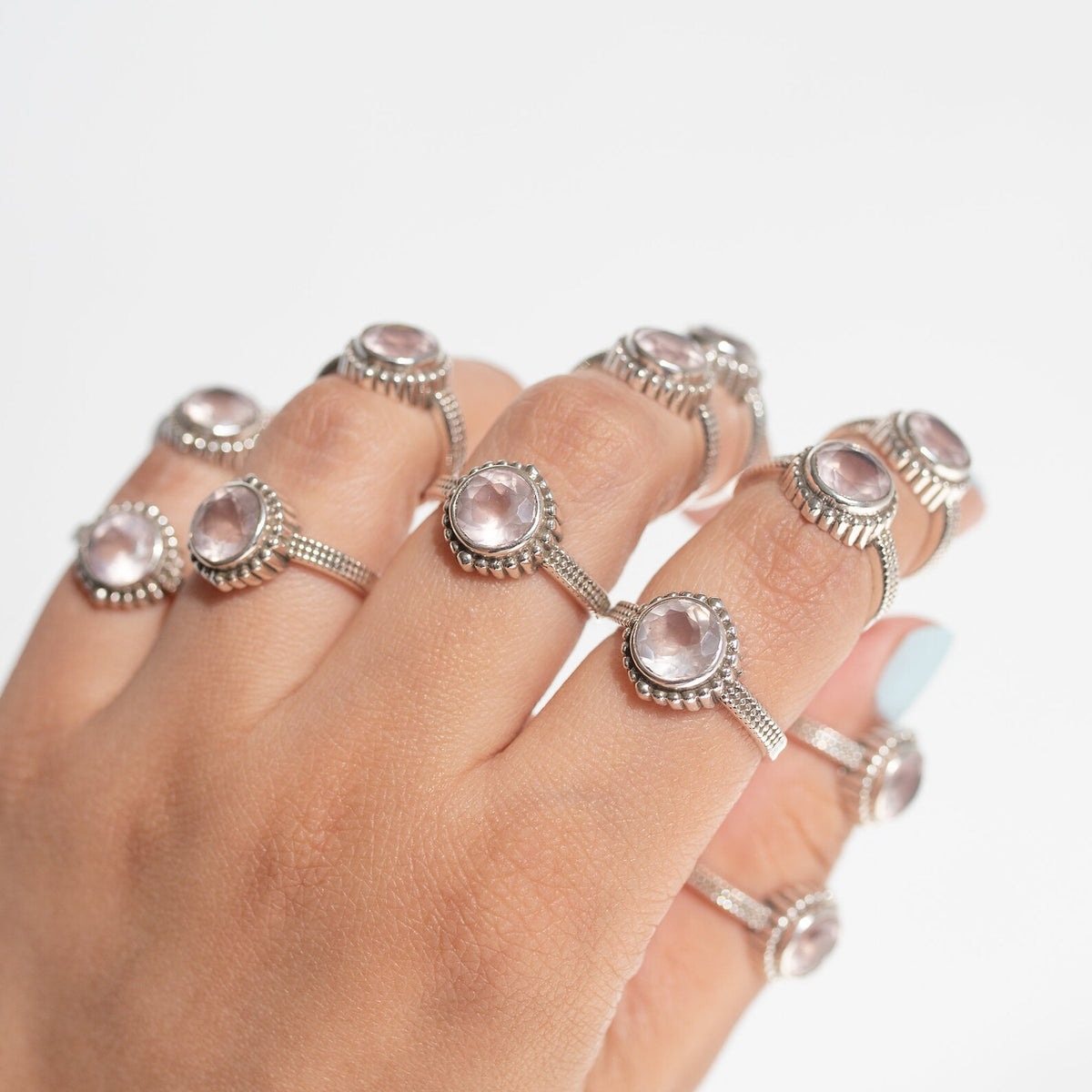 Round Rose Quartz Ring in Sterling Silver, Natural Crystal Quartz