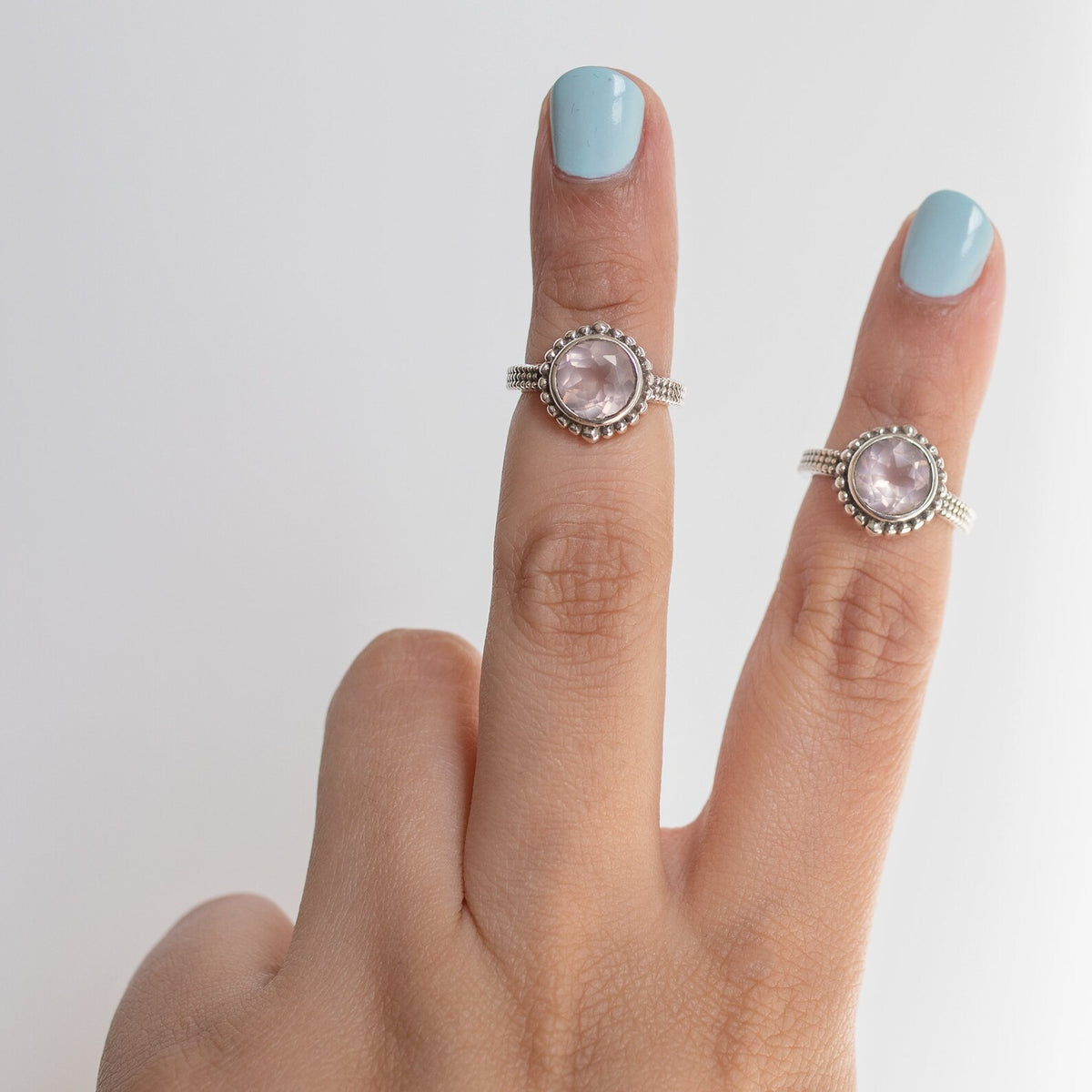 Round Rose Quartz Ring in Sterling Silver, Natural Crystal Quartz