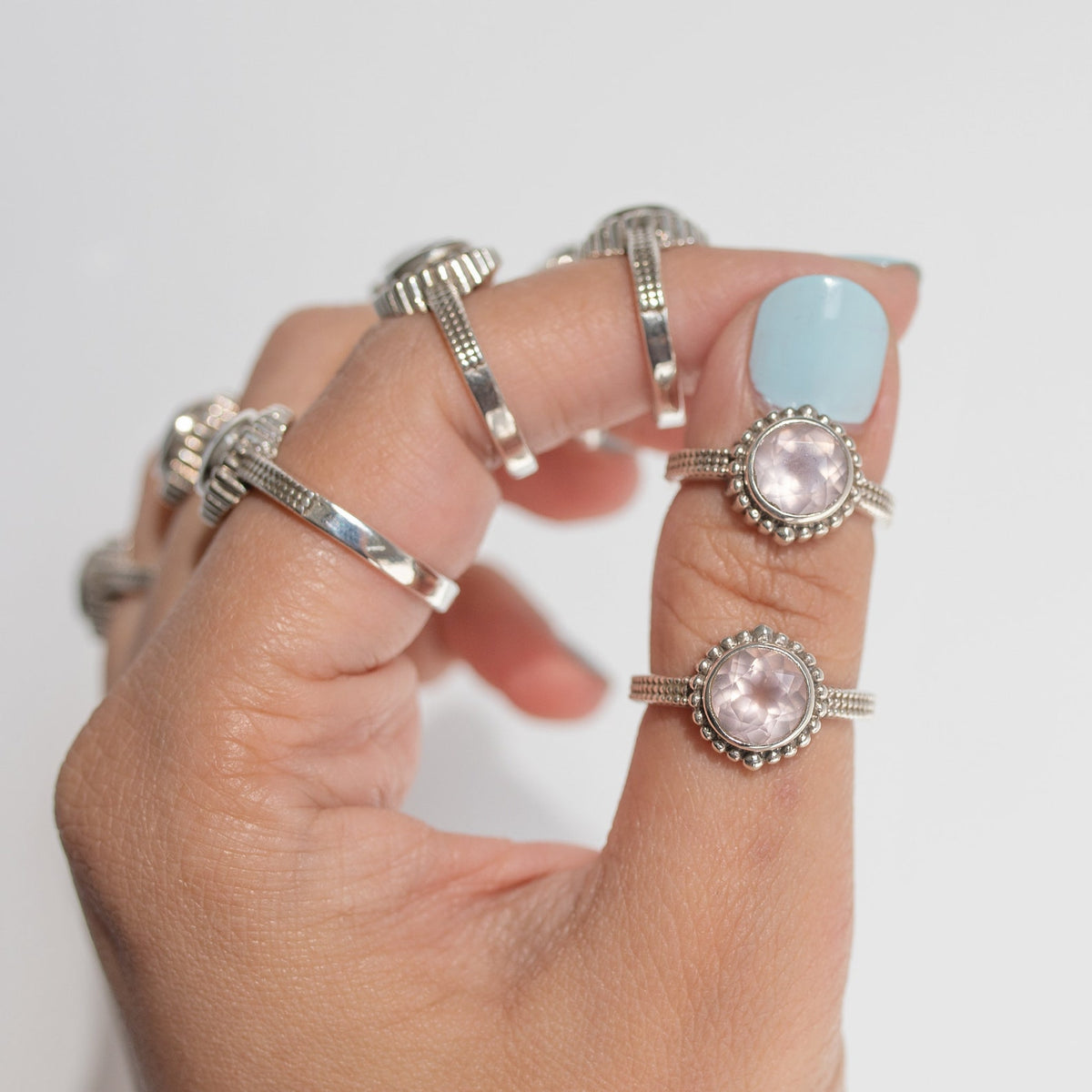 Round Rose Quartz Ring in Sterling Silver, Natural Crystal Quartz