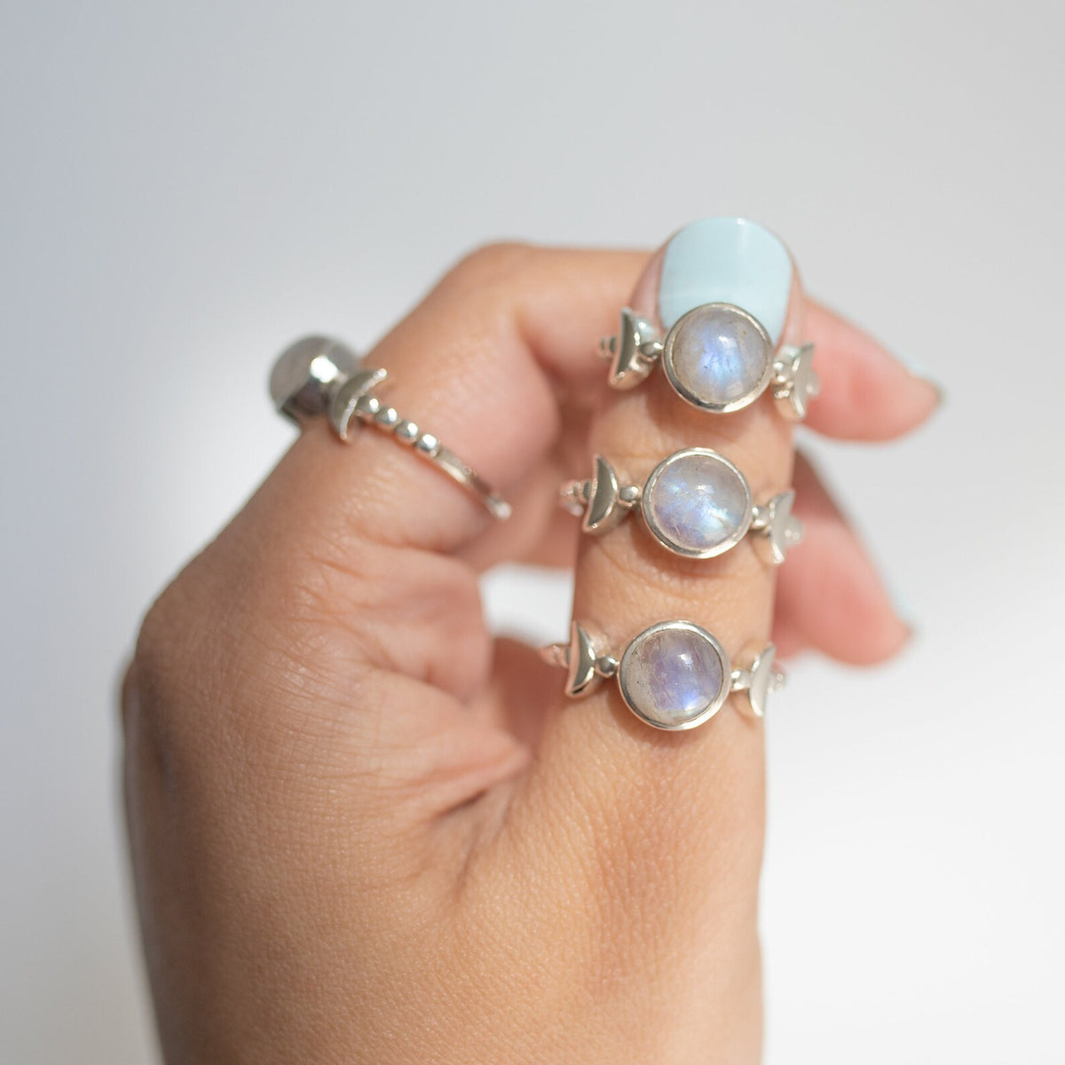 Round Moonstone Half Moon Sterling Silver Ring, Boho Bridesmaid Ring