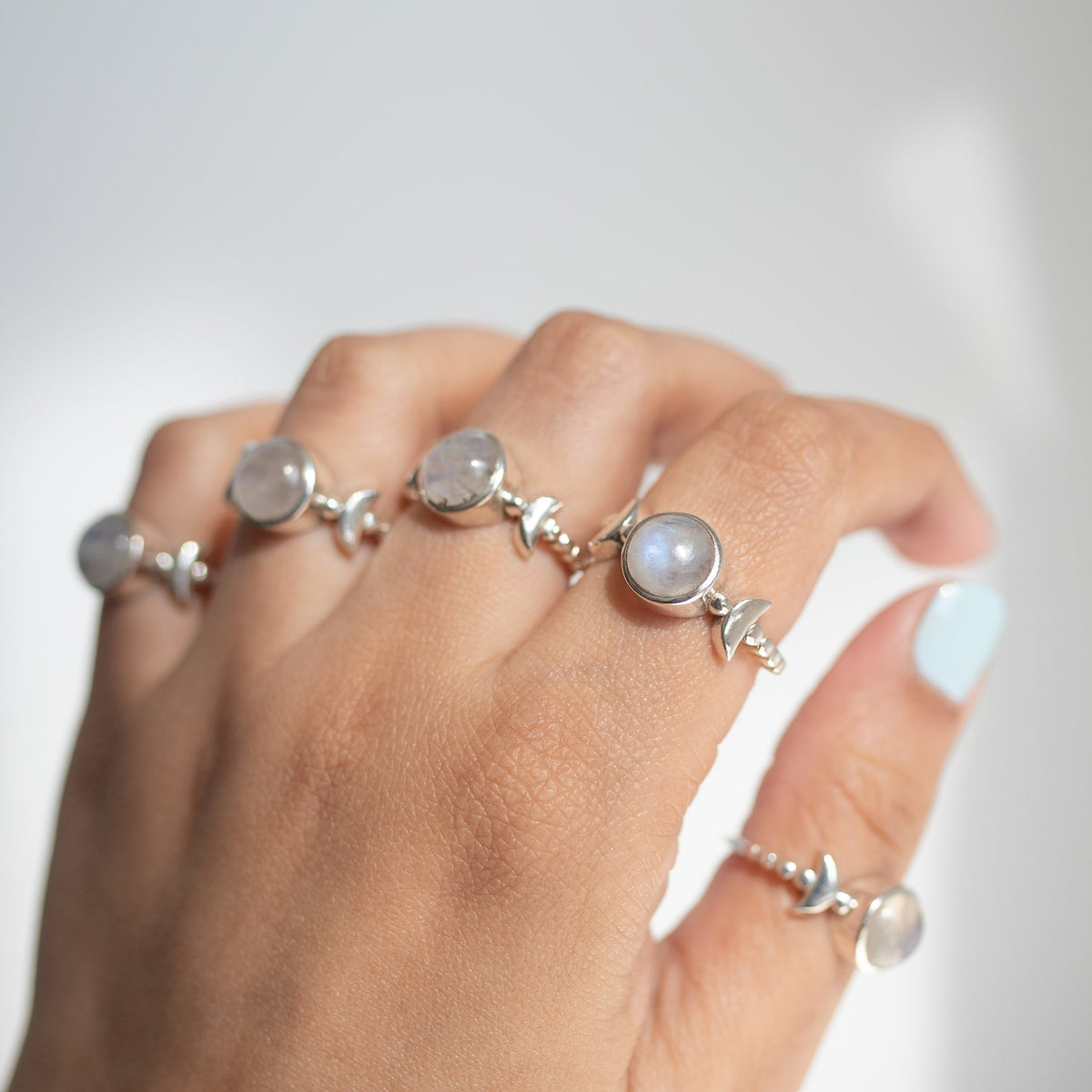 Round Moonstone Half Moon Sterling Silver Ring, Boho Bridesmaid Ring