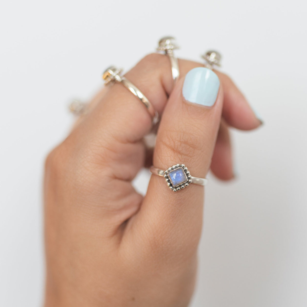 Square Rainbow Moonstone Ring in Sterling Silver