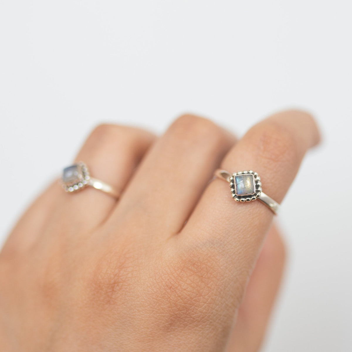 Square Rainbow Moonstone Ring in Sterling Silver