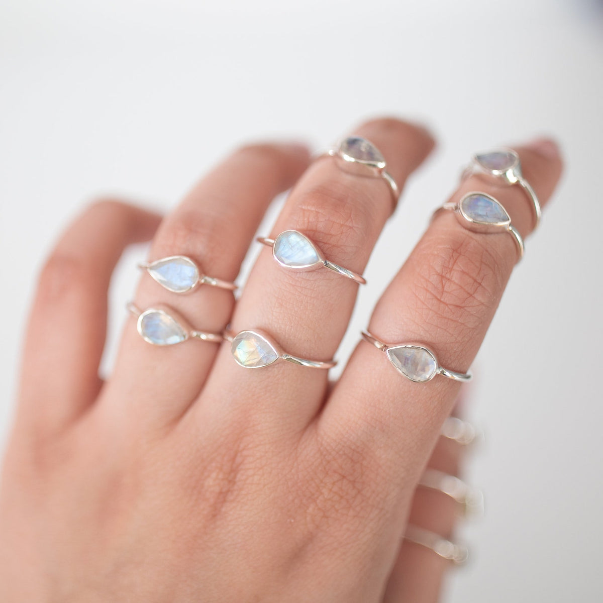 Minimalist Rainbow Moonstone Ring, Pear Moonstone Birthstone Ring