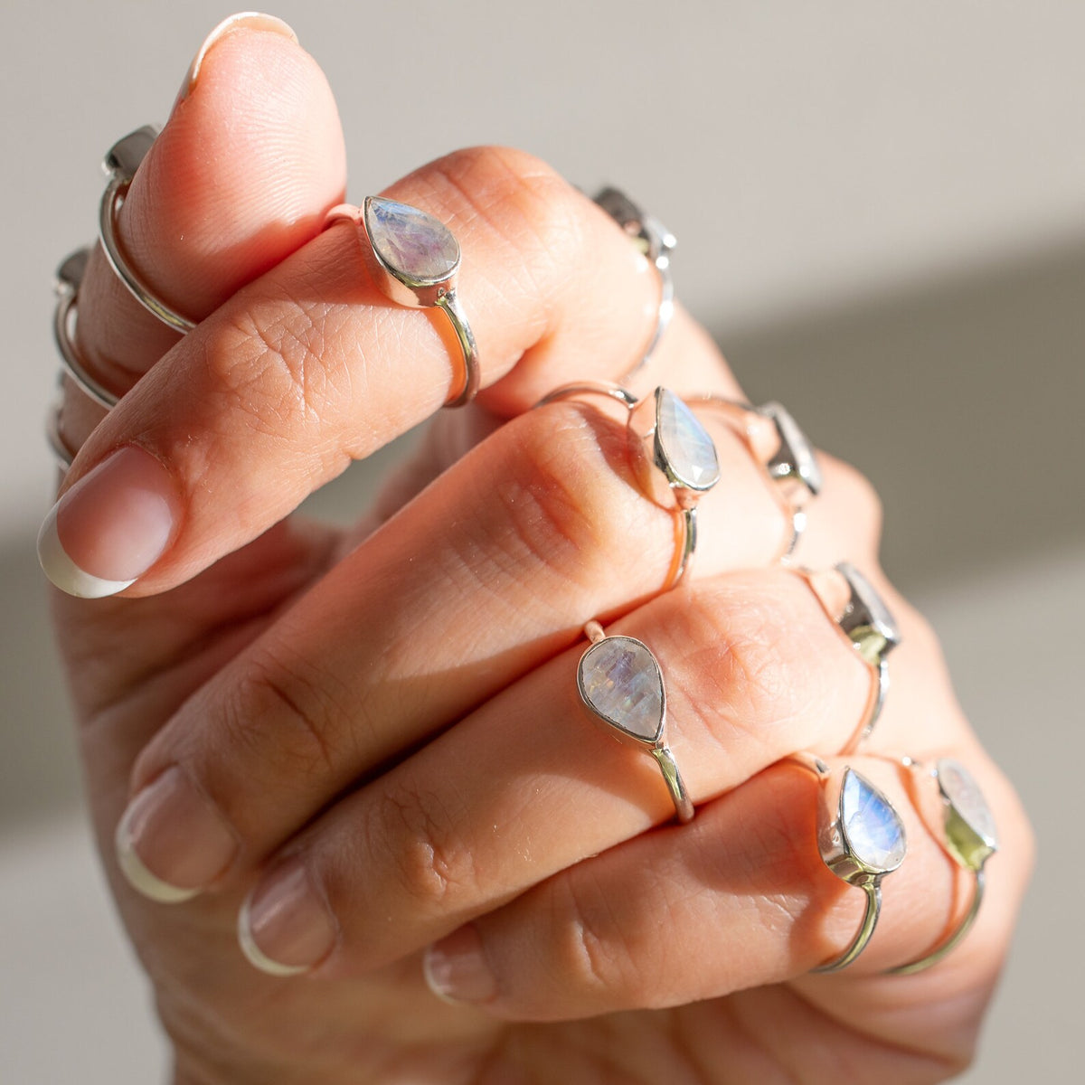 Minimalist Rainbow Moonstone Ring, Pear Moonstone Birthstone Ring