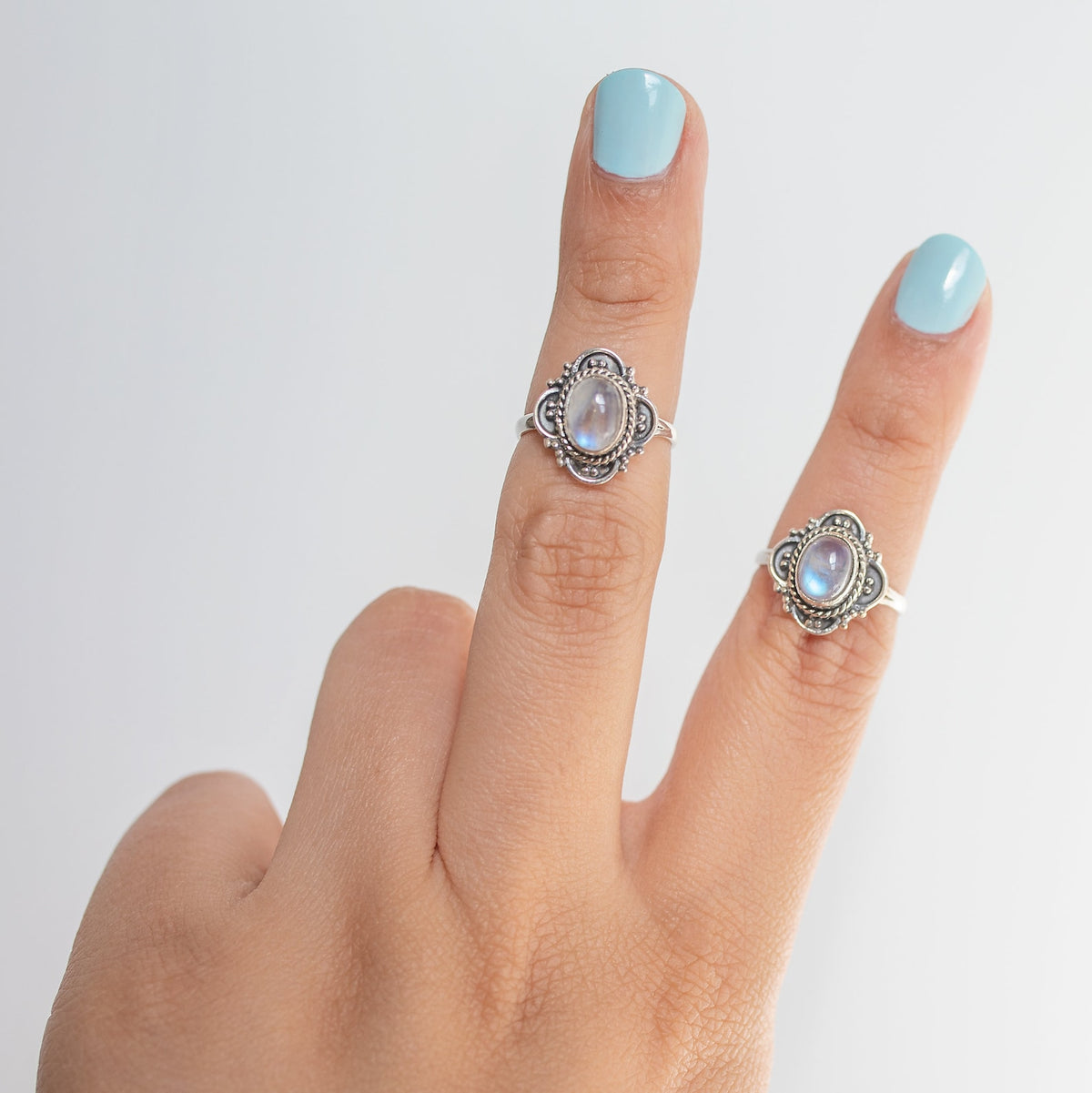 Blue Oval Moonstone Ring, Delicate Silver Ring