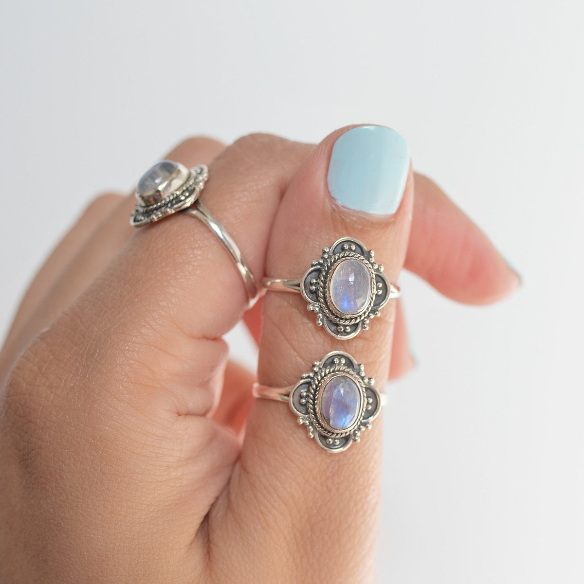 Blue Oval Moonstone Ring, Delicate Silver Ring
