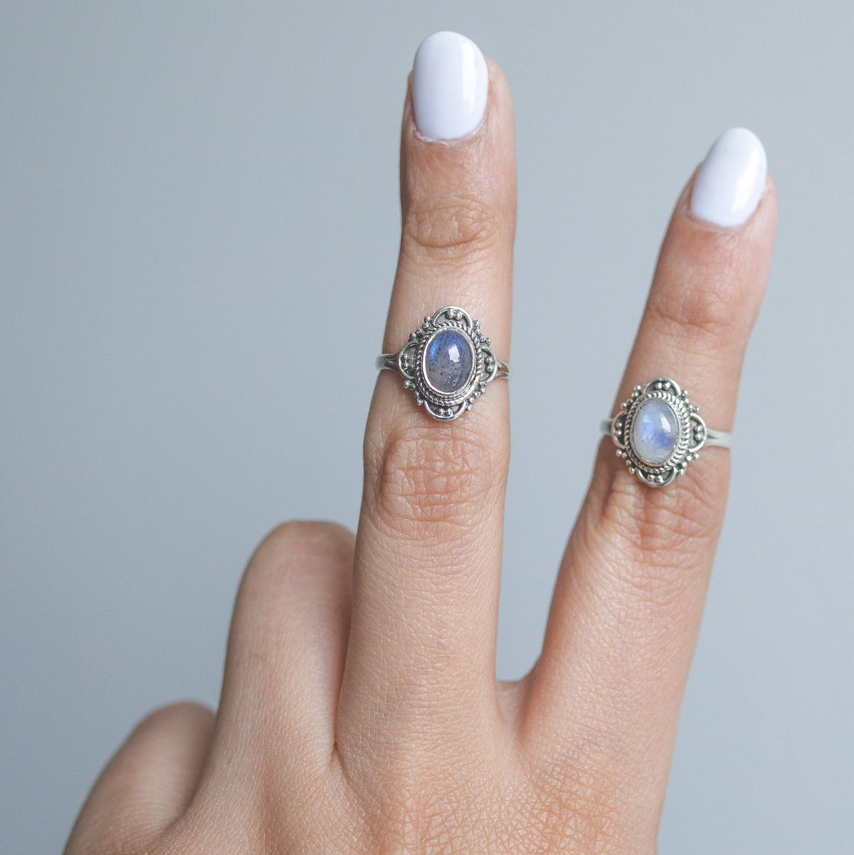 Blue Oval Moonstone Ring, Delicate Silver Ring