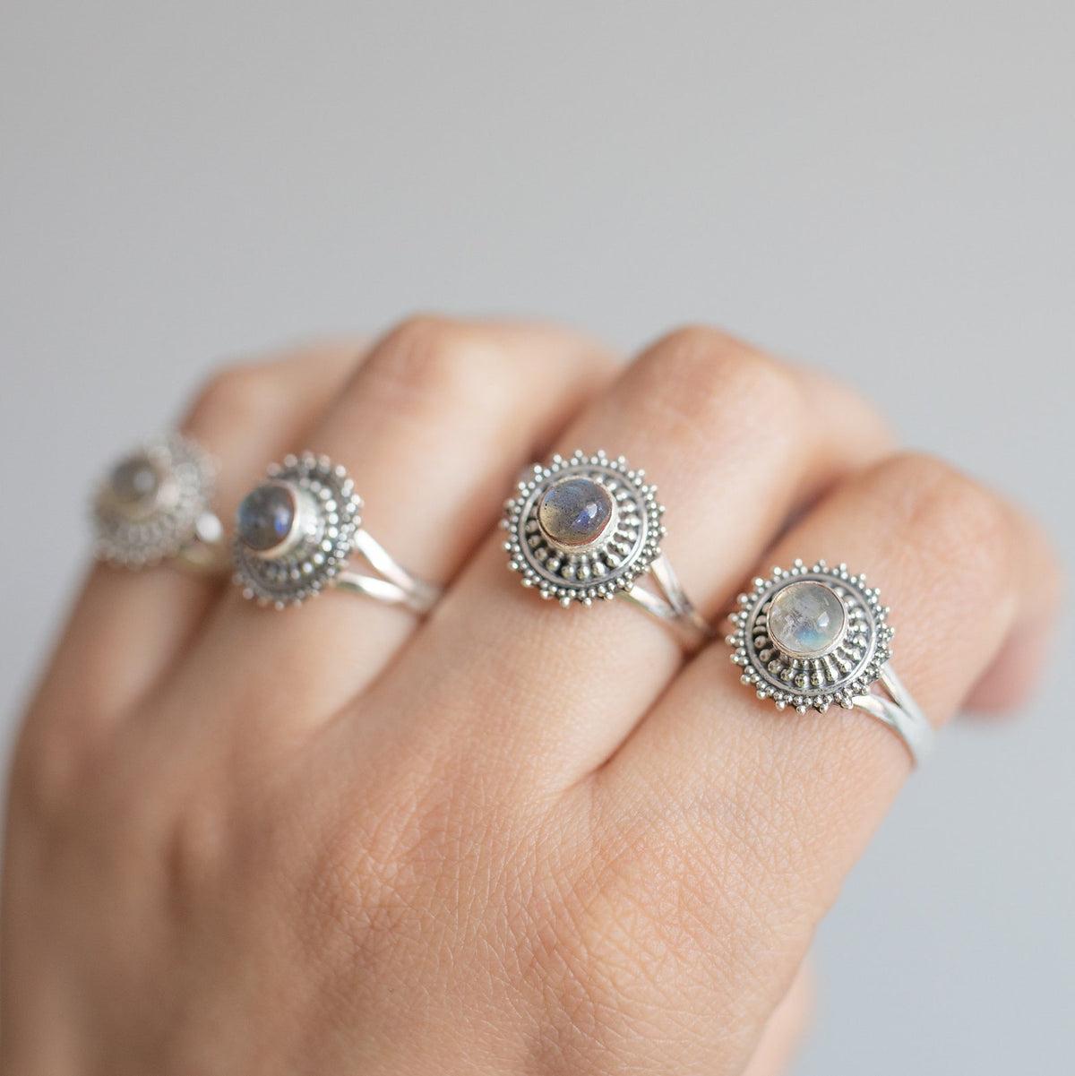 Mandala Ring, Round Labradorite Circle Ring, Silver Dot Ring