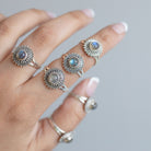 Mandala Ring, Round Labradorite Circle Ring, Silver Dot Ring