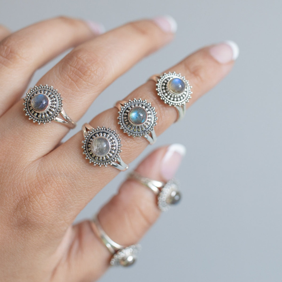 Mandala Ring, Round Labradorite Circle Ring, Silver Dot Ring