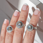 Mandala Ring, Round Labradorite Circle Ring, Silver Dot Ring