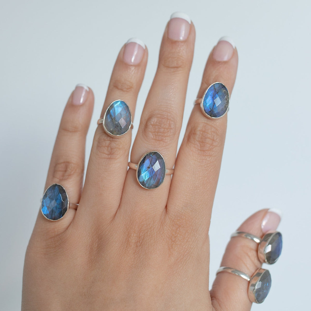 Rainbow Labradorite Crystal Ring, Rose Cut Labradorite Sterling Ring