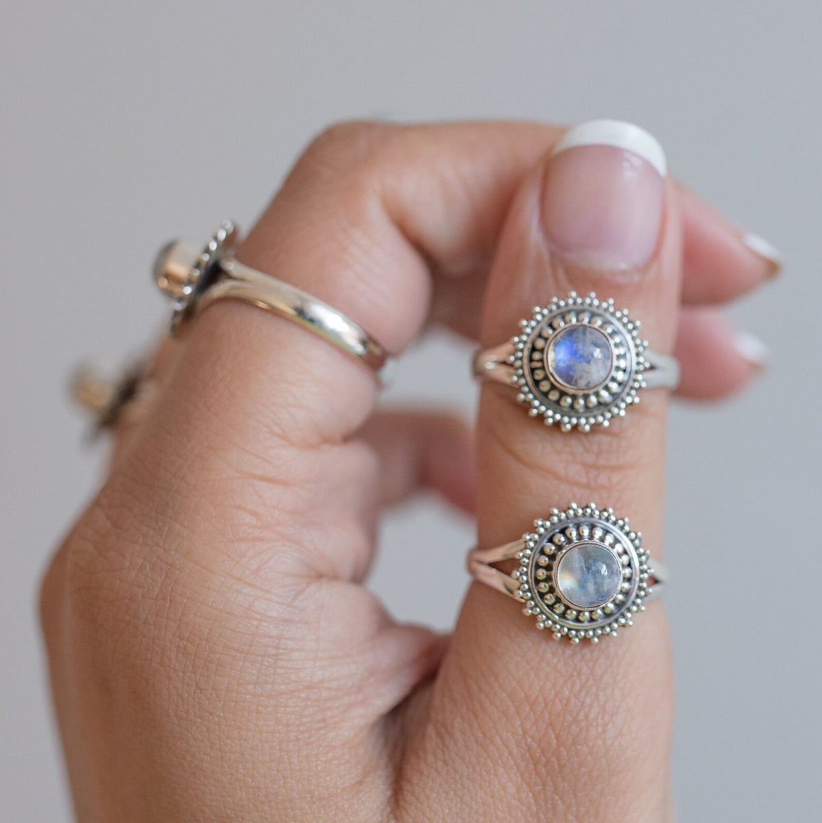 Round Moonstone Boho Statement Ring in Sterling Silver