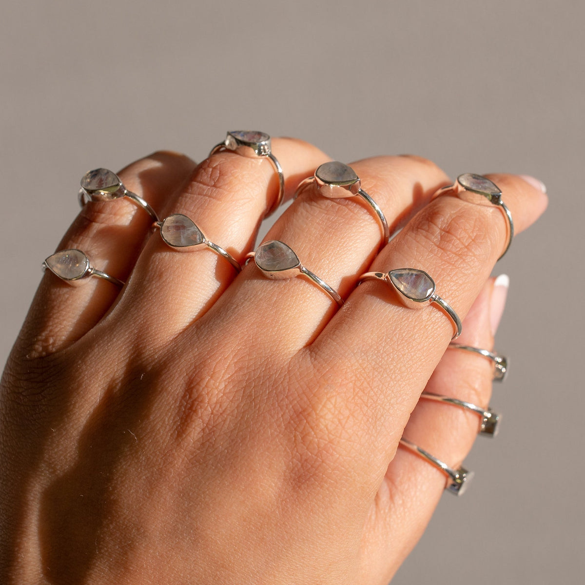 Minimalist Rainbow Moonstone Ring, Pear Moonstone Birthstone Ring