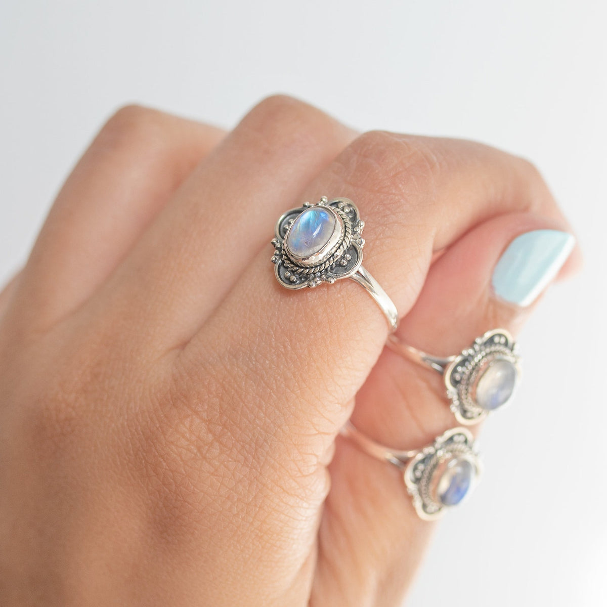 Blue Oval Moonstone Ring, Delicate Silver Ring