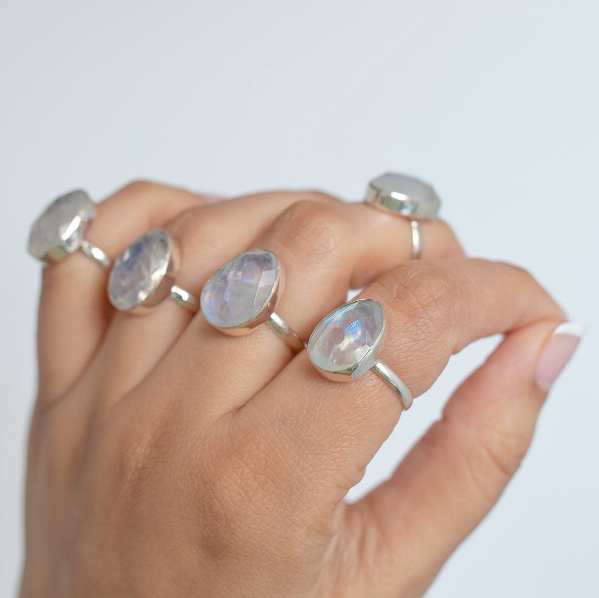 Rainbow Moonstone Crystal Ring, Rose Cut Moonstone Sterling Ring