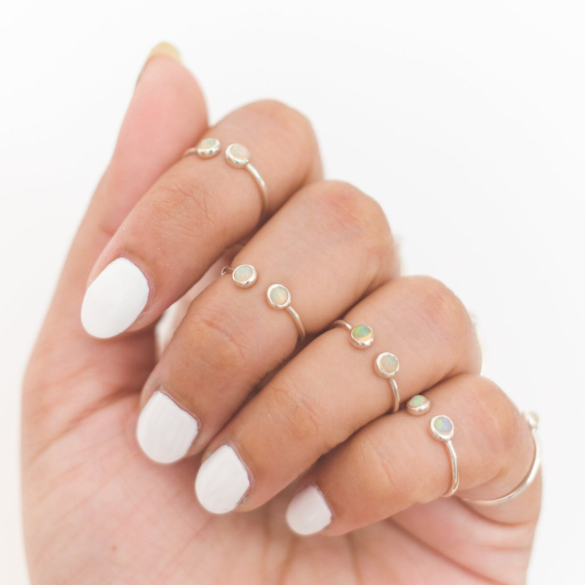 Ethiopian Opal Adjustable Dainty Stacking Ring, Thin Silver Rings