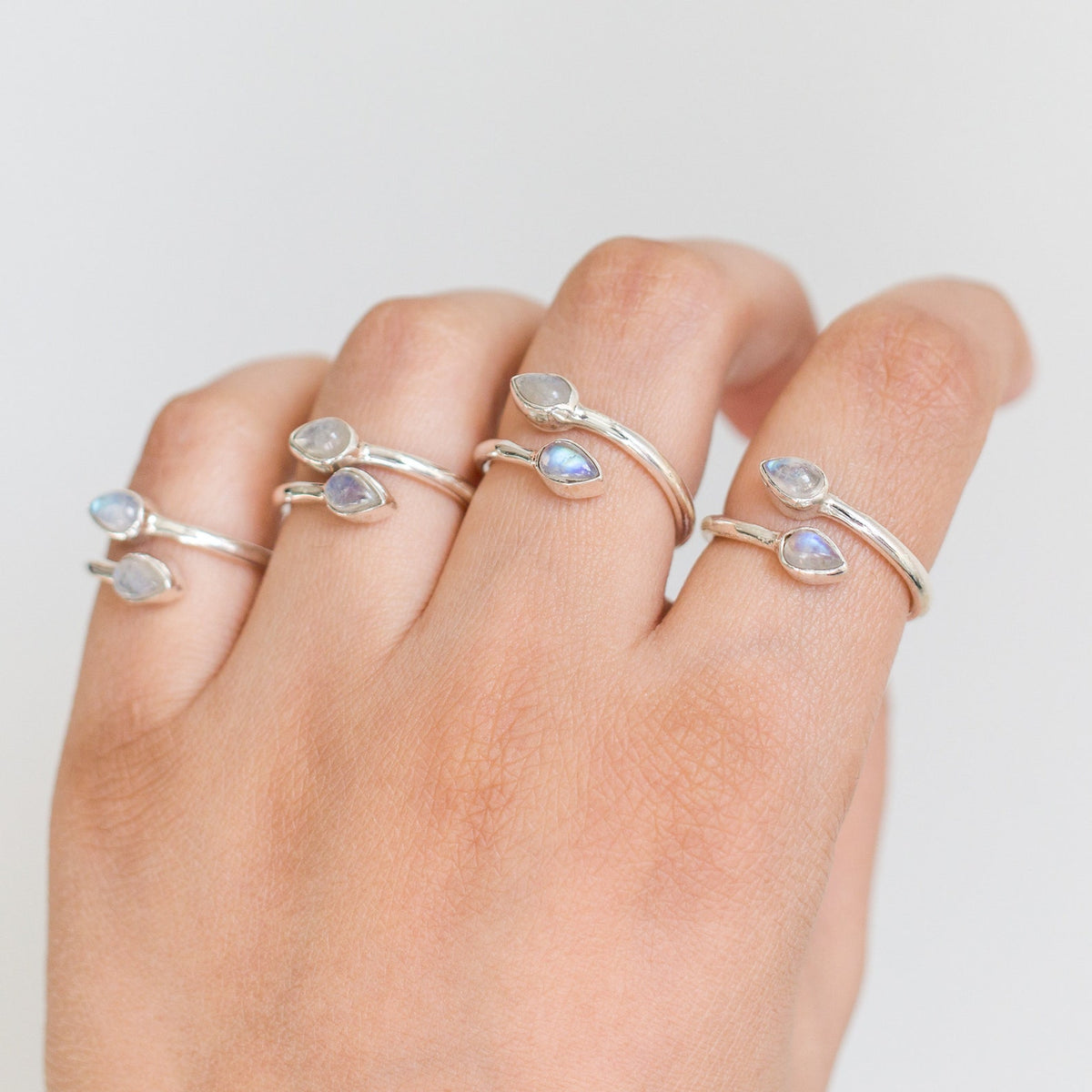 Pear Rainbow Moonstone Adjustable Sterling Silver Ring