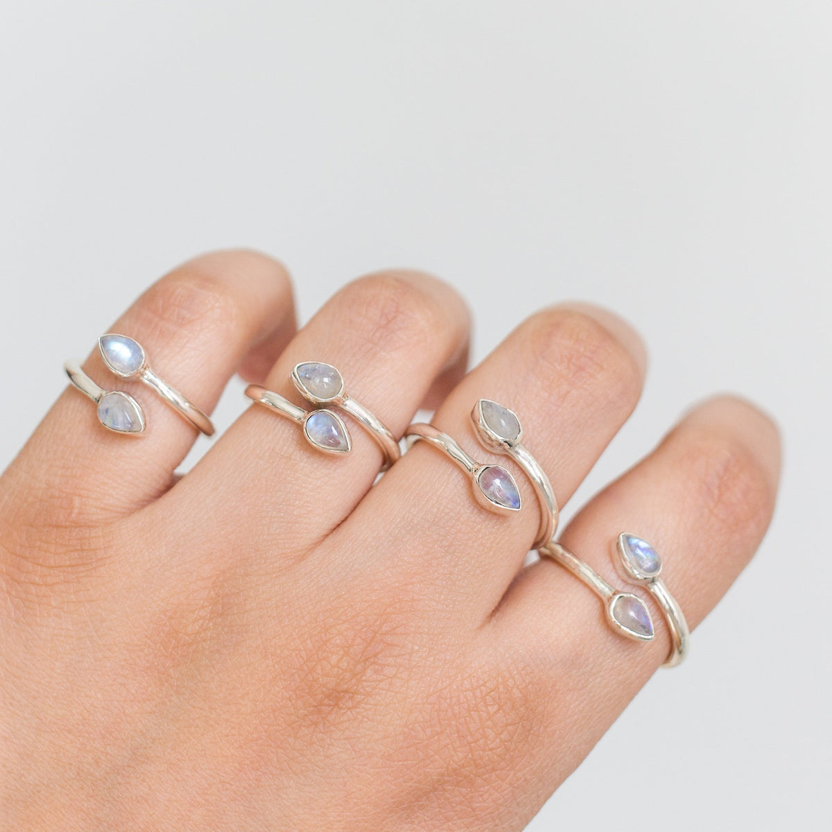 Pear Rainbow Moonstone Adjustable Sterling Silver Ring