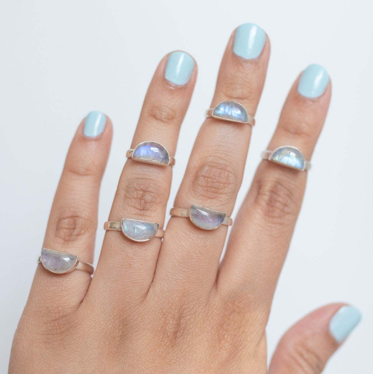 Half Moon Ring, Rainbow Moonstone Dome Ring in Solid Sterling Silver