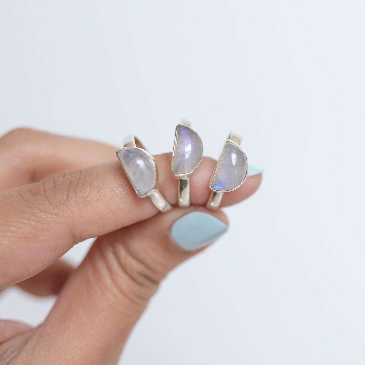 Half Moon Ring, Rainbow Moonstone Dome Ring in Solid Sterling Silver