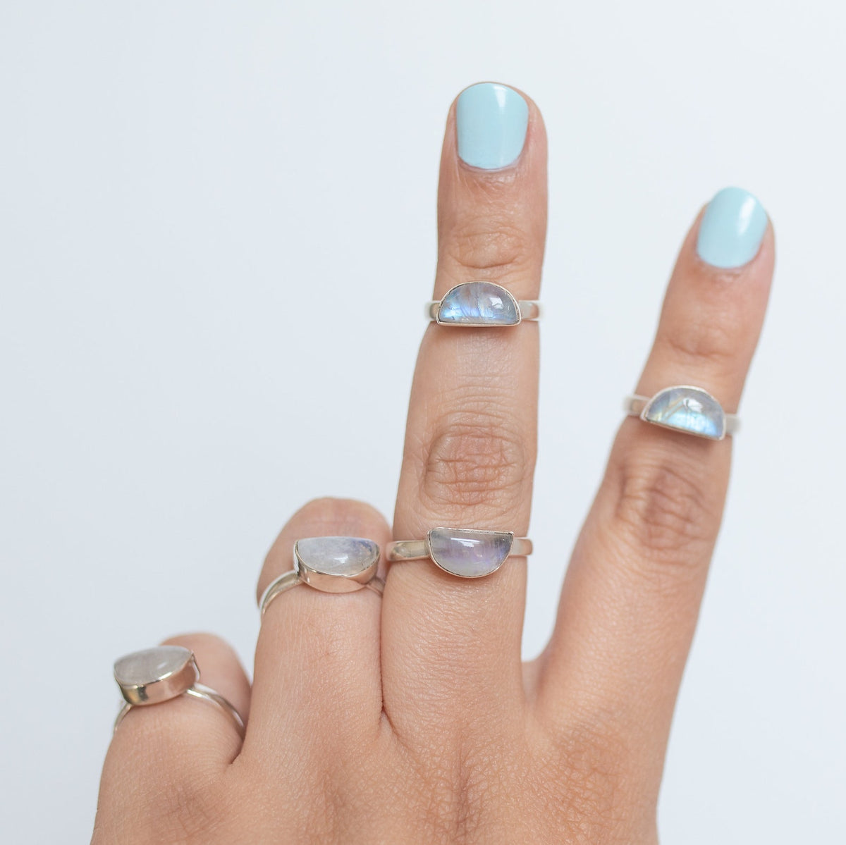 Half Moon Ring, Rainbow Moonstone Dome Ring in Solid Sterling Silver