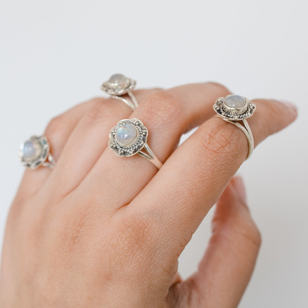 Round Rainbow Moonstone Botanical Ring in Sterling Silver