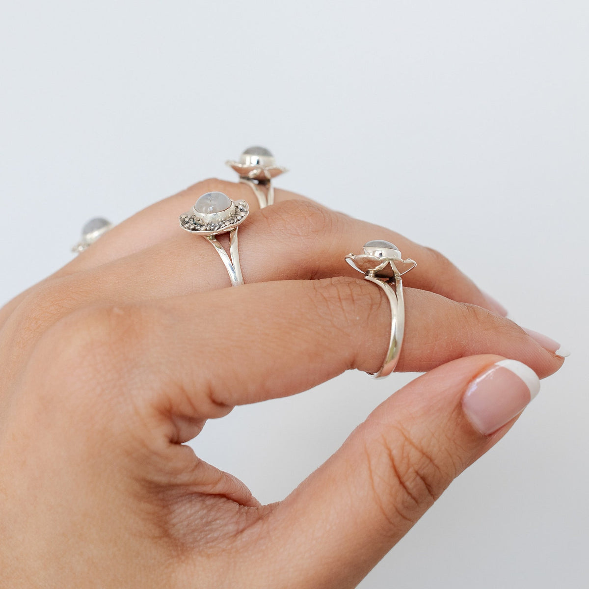 Round Rainbow Moonstone Botanical Ring in Sterling Silver