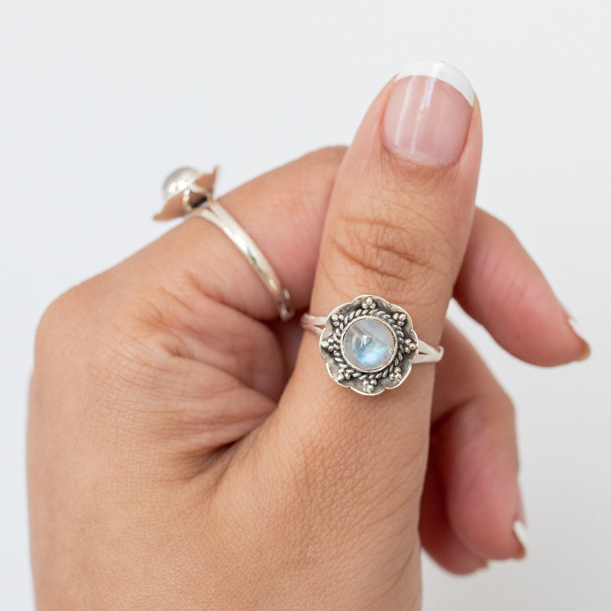 Round Rainbow Moonstone Botanical Ring in Sterling Silver