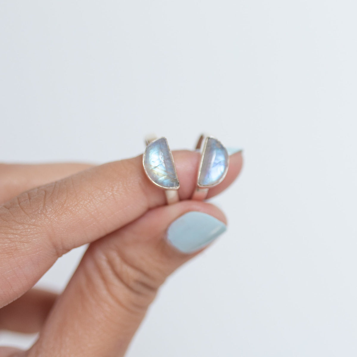 Half Moon Ring, Rainbow Moonstone Dome Ring in Solid Sterling Silver