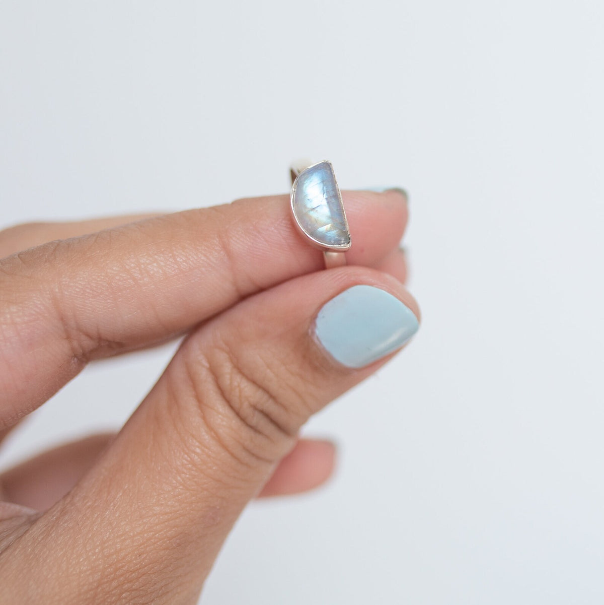 Half Moon Ring, Rainbow Moonstone Dome Ring in Solid Sterling Silver