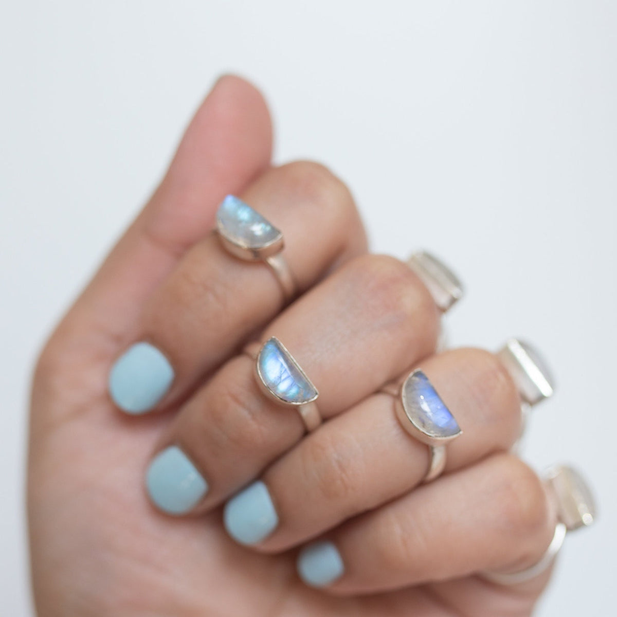 Half Moon Ring, Rainbow Moonstone Dome Ring in Solid Sterling Silver