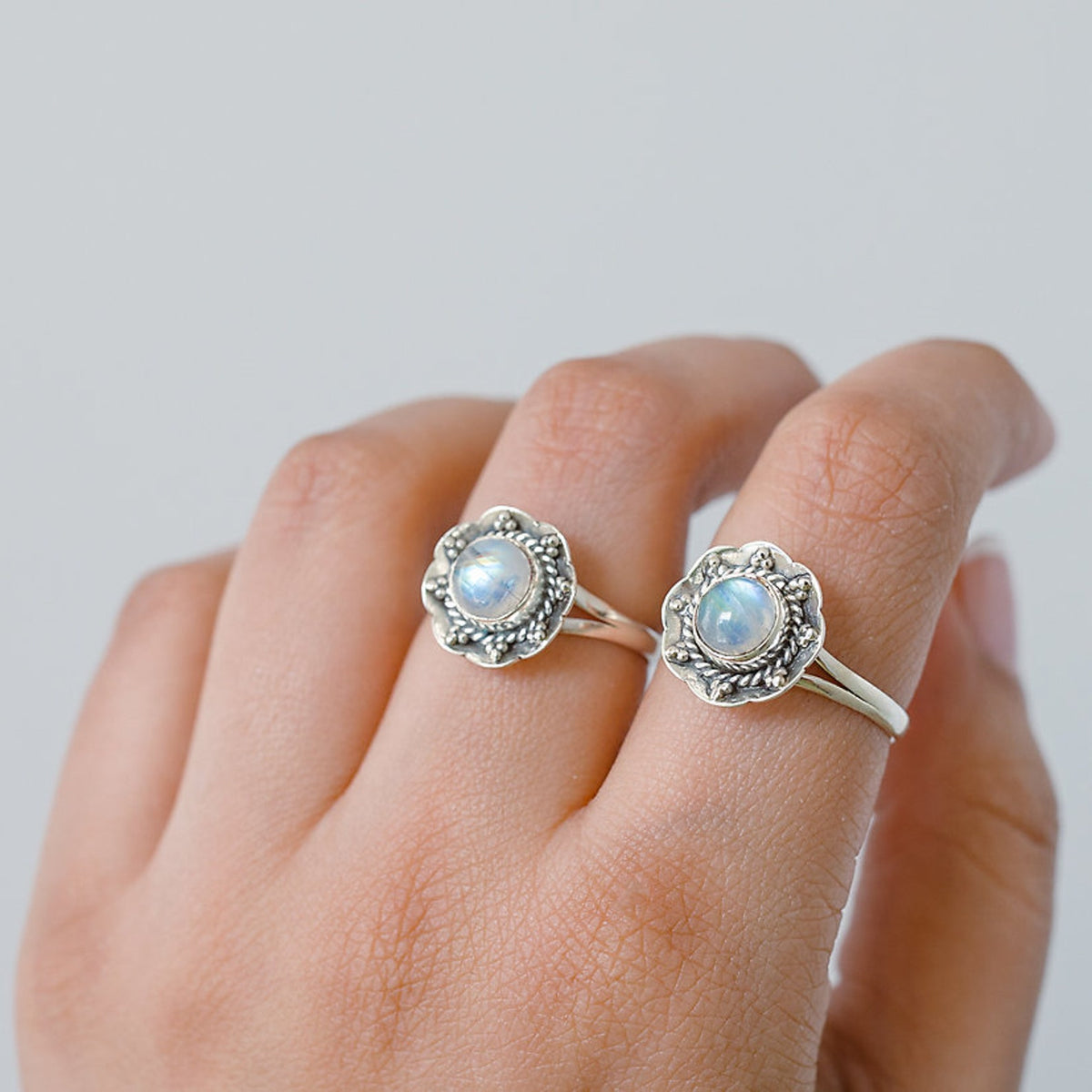 Round Rainbow Moonstone Botanical Ring in Sterling Silver