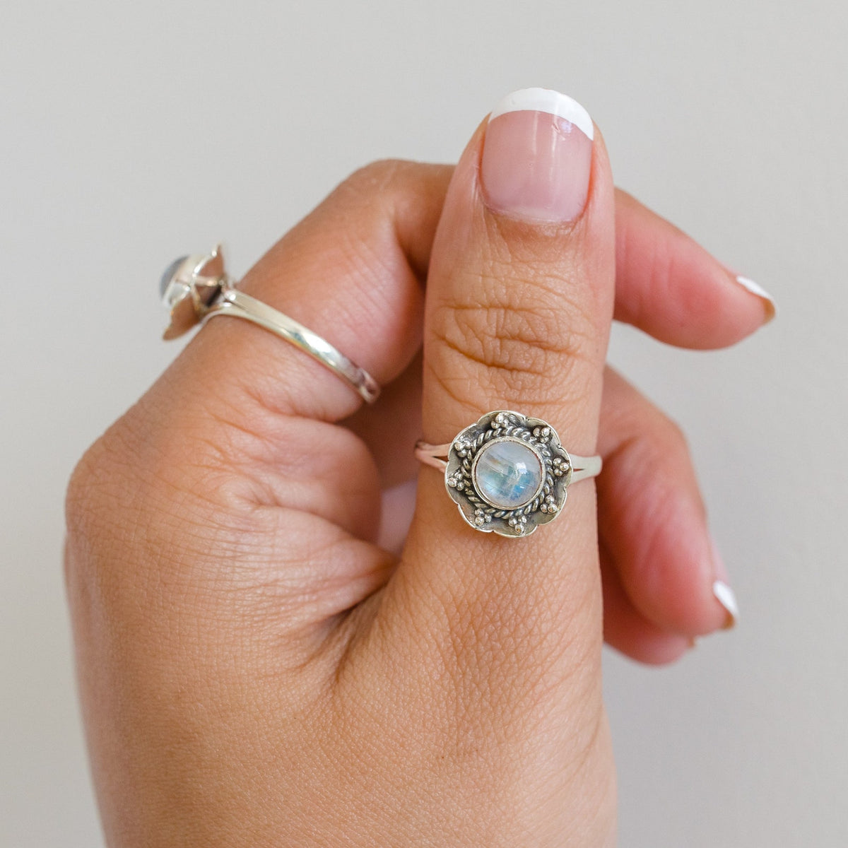 Round Rainbow Moonstone Botanical Ring in Sterling Silver
