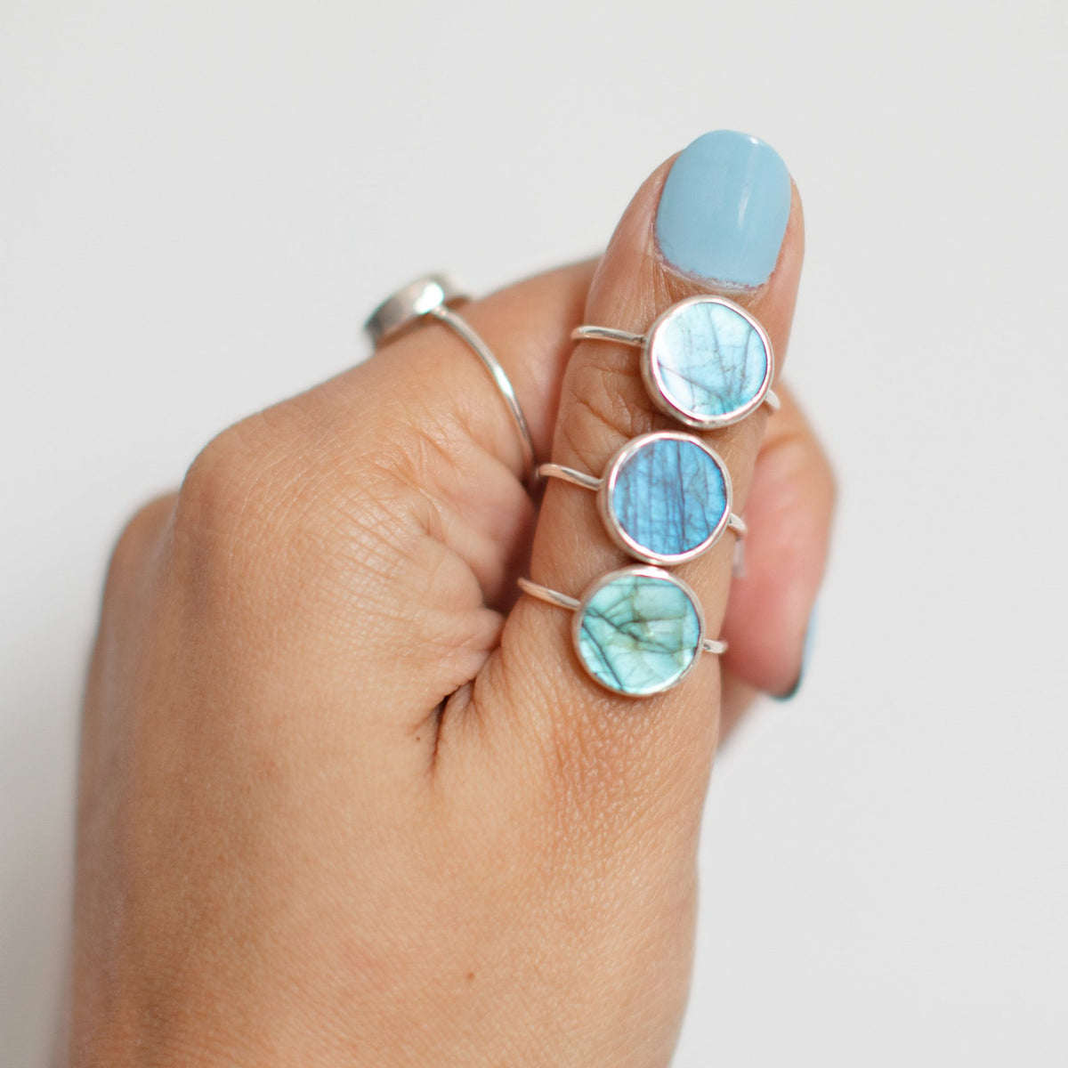 Rainbow Labradorite Round Gemstone 925 Silver Ring